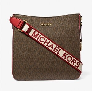 Michael Kors Large Signature Logo Messenger Bag - Brown & Crimson
